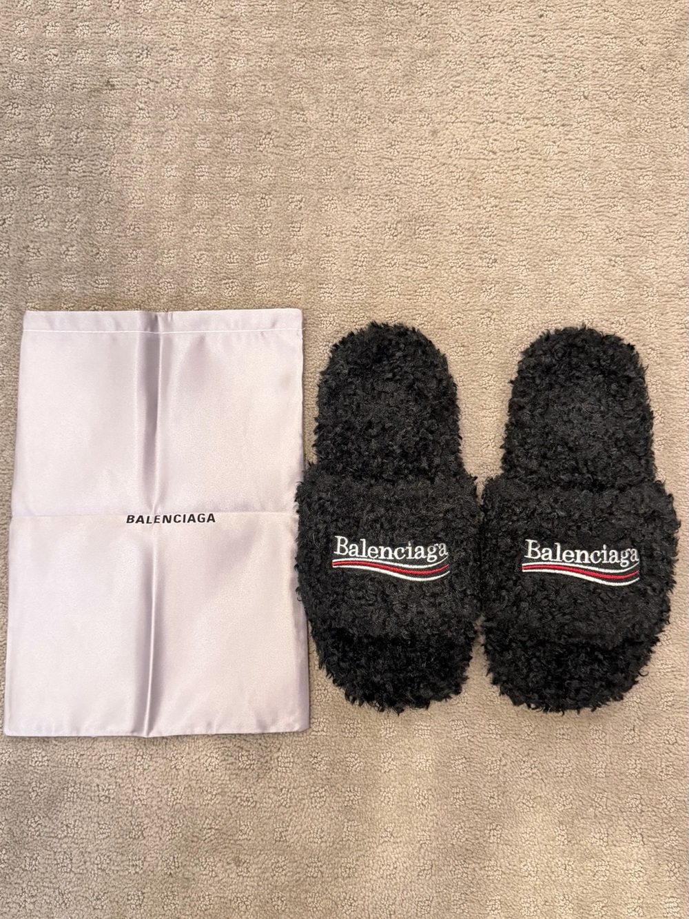 Balenciaga Black Fuzzy Logo Slide Slippers